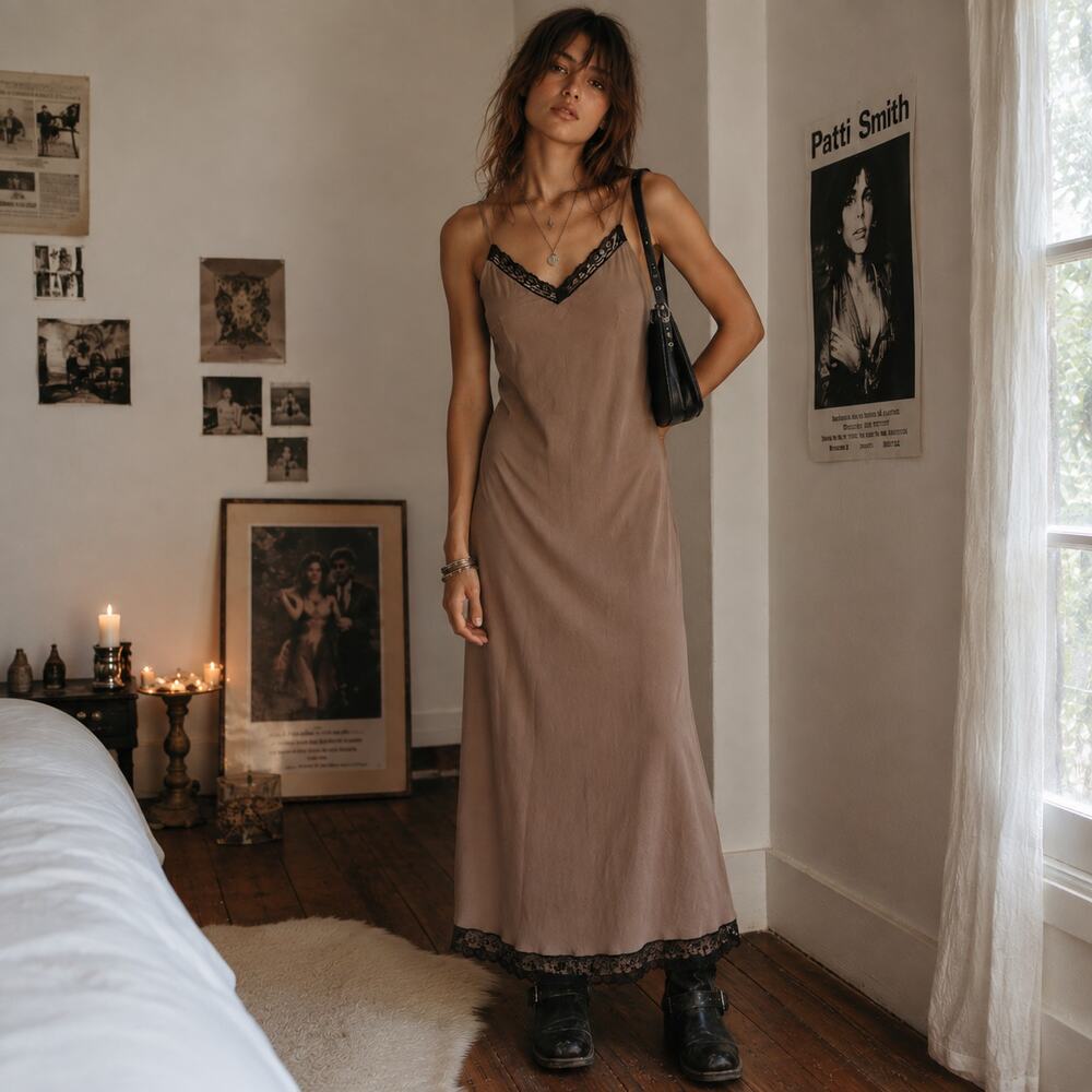 Vintage Maxi Lace Slip Dress Women M Brown Satin 90s Minimalist Indie Sleaze